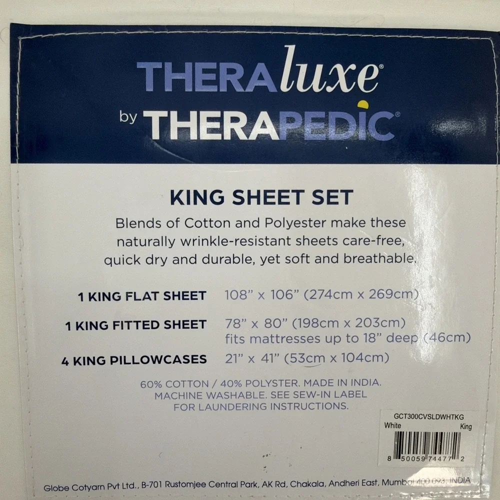 TheraLuxe by Therapedic Sheet Set KING White 300 TC Cooling Peached Percale